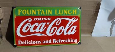 Drink Coca Cola Fountain Lunch Porcelain Enamel Sign 24 x 14 Inches