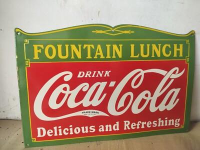 Drink Coca Cola Fountain Lunch Porcelain Enamel Sign 27 x 18 Inches