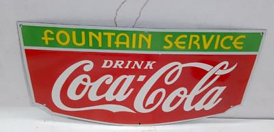 Drink Coca Cola Fountain Service Porcelain Enamel Sign 27 x 14 Inches 1 Side