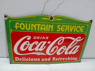 Drink Coca Cola Fountain Service Porcelain Enamel Sign 27 x 18 Inches 1 Side