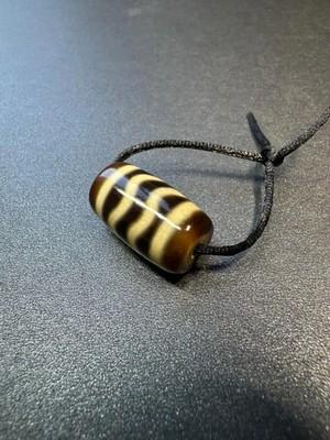 Dzi Style Agate Barrel Bead | Brown White Etched Pattern | Tibetan Inspired Jew