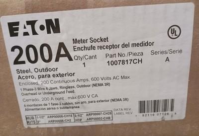 Eaton meter socket 1007817CH, 1 Phase 200A, 600V, ringless, NEW in box.