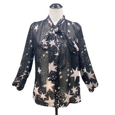 Eva Mendes NY & Co Star Print Pussycat Bow Blouse Blk Sheer SM Whimsy Celestial
