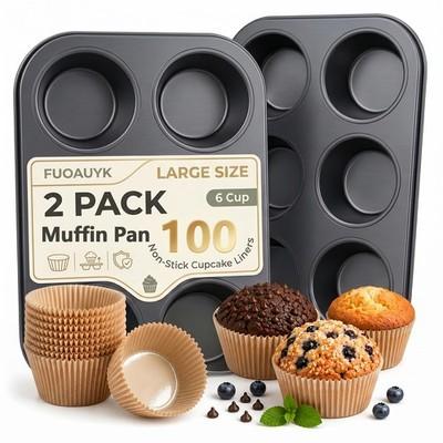 FUOAUYK Jumbo Muffin Pan 2 Pack, Extra Large Muffin Tin 6 Cup Includes 100 Ju...