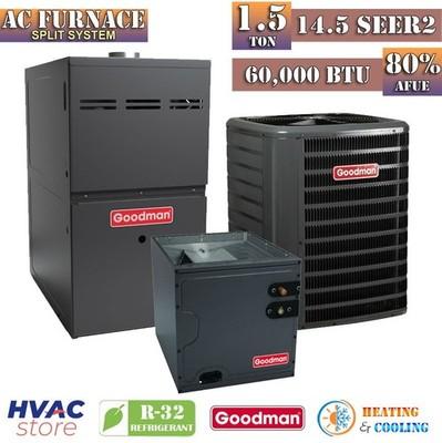 Goodman 1.5 Ton 14.5 SEER2 AC & Gas Furnace System 80% AFUE 60K BTU Vertical R32