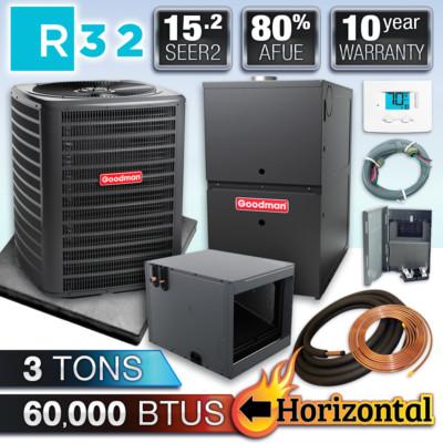 Goodman 3 Ton 15.2 SEER2 AC & 80% 60K BTU Horizontal Gas Furnace Split System