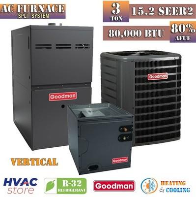 Goodman 3 Ton 15.2 SEER2 Split AC & Gas Furnace System 80% AFUE 80K BTU Vertical
