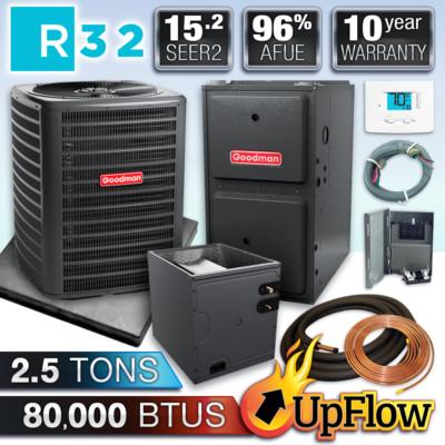 Goodman Upflow 2.5 Ton Gas Furnace & R32 AC System, 15.2 SEER2 80K BTU 96% AFUE