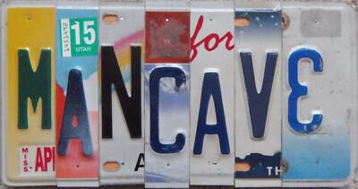 Hand Crafted License Plate Embossed Letter Sign "MANCAVE"