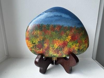 Handmade Handpainted Landscape Art Stone Display Piece w/ Wooden Stand