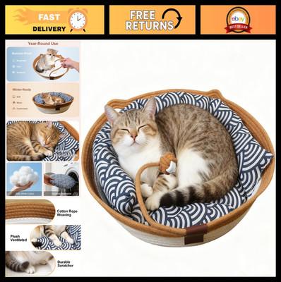 Handwoven Cat Bed, Round Pet Basket with Cushion, Scratchable & Breathable, Boho