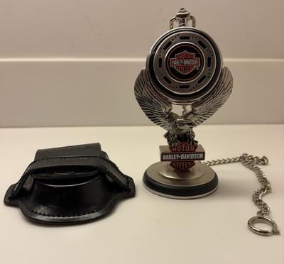 Harley-Davidson Motorcycle Pocket Watch w/ Chain, Display Stand & Leather Case