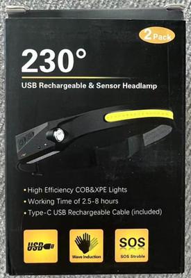 Headlamp Rechargeable, 230° Wide Beam Head Lamp LED with Motion Sensor, 2 Pack