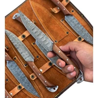 here applicable) Handmade Damascus Steel Steak Knife Set: Rosewood Handle, Leath