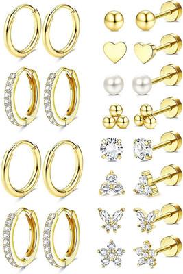 Hypoallergenic 14K Gold Plated Stud Hoop Earrings for Women Men Surgical Stainle