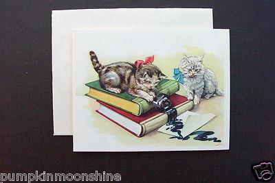 # I 788- Vintage Unused Blank Greeting Note Card Pussy Cats Playing With Pen Ink