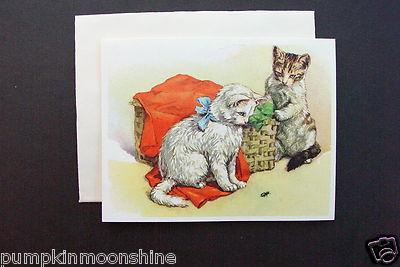 # I 789- Vintage Unused Blank Greeting Note Card Pussy Cats Playing With Bug
