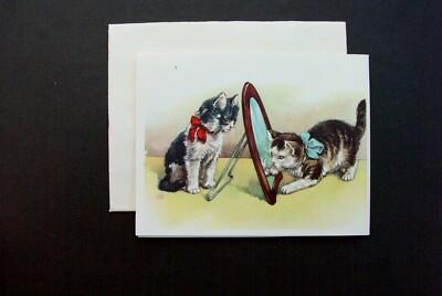 # I 790- Vintage Unused Blank Greeting Card Pussy Cats Playing by Mirror