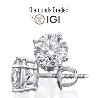 IGI CERTIFIED 2 Ct Real Lab Grown Diamond Studs Earrings 14k White Gold D VVS2