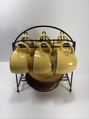 Imusa Espresso Demitasse Cups & Saucers Mustard Yellow With Black Caddy Set Of 6