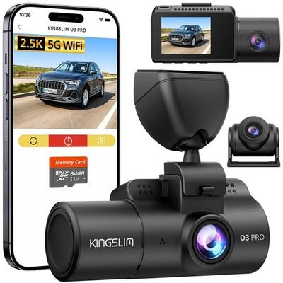Kingslim 3 Channel 5G WiFi Dash Cam 64GB Card, 2.5K/1080P Front And Rear Inside
