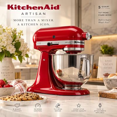 KitchenAid Artisan 5 Qt Tilt-Head Stand Mixer Red w/ Stainless Steel Bowl
