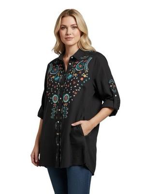 Kyla Seo Anthropologie Embroidered Tunic Top Size L Roll Tab Sleeves Boho Hippie