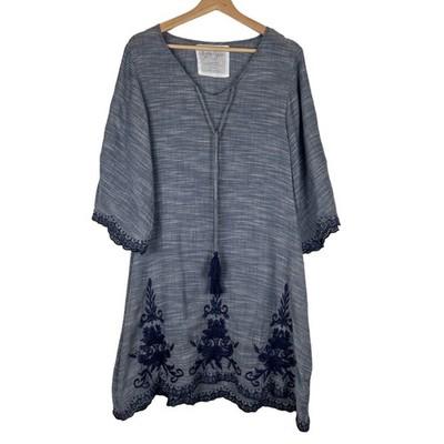 Kyla Seo Anthropologie Tunic Small Blue Scalloped Bell Sleeve Embroidery Boho