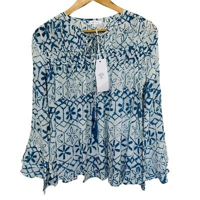 Kyla Seo Caite Marlena Breezy Blouse Size S Cupra Blue Floral Tunic Boho Pintuck