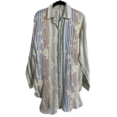 Kyla Seo Embroidered Button Long Sleeve Tunic Striped Top Sz Small Beige Blue