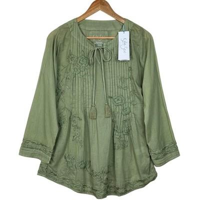 Kyla Seo Fern Blouse Embroidered Boho Pintuck Womens Medium Desert Sage Peasant