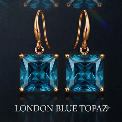 London Blue Topaz Earring Square Gemstone Drop Hook Earring 925 Silver Earring
