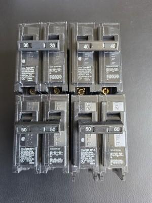 Lot of 4 murray mp-t 2 pole 30, 40, 50 & 60 amp circuit breakers