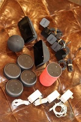 LOT OF 8 Amazon Echo Smart Speakers: 2 Show 5, 5 Dots, 1 Echo 2nd Gen w/ 8 Cords