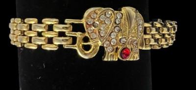 Lucky Elephant Link Bracelet Satin Gold Tone Rhinestone Red Crystal Eye