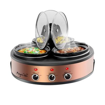 MegaChef Round Triple 1.5 Quart Slow Cooker & Buffet Server, Brushed Copper and