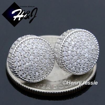 MEN 925 STERLING SILVER ICY BLING CZ 12MM ROUND 3D SCREW BACK STUD EARRING*E44