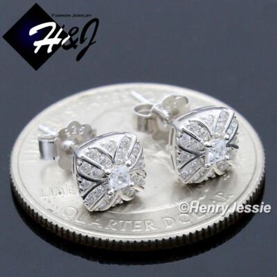 MEN WOMEN 925 STERLING SILVER BLING CZ 7MM SQUARE 3D PUSH BACK STUD EARRING*E222