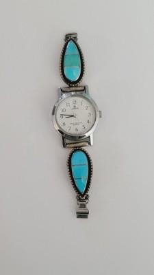 Native Zuni Turquoise Inlay Sterling Silver Watchband Tip