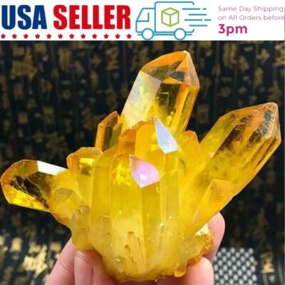 Natural Aura Yellow Citrine Crystal Titanium Cluster Healing Mineral Specimen US