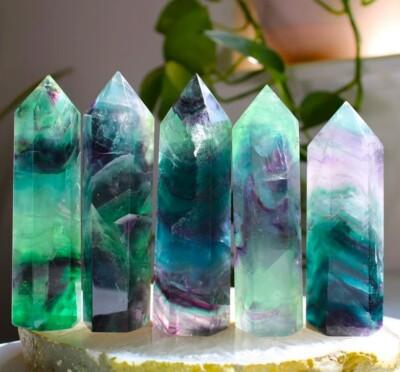 Natural Rainbow Fluorite Healing Crystal Wand Obelisk Reiki Tower Point Ornament