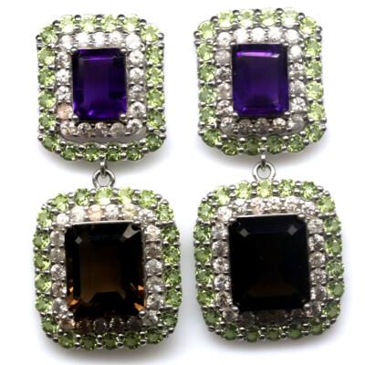 Natural Smoky Quartz Amethyst Peridot 925 Sterling Silver Drop Earrings