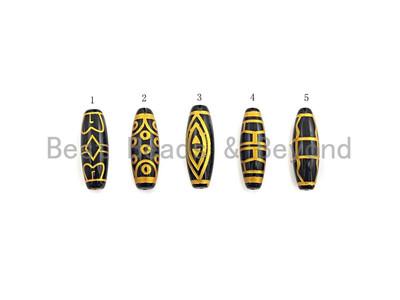 Natural Tibetan Agate Long Oval Shape Beads, Black Gold Dzi beads, Barrel Agate