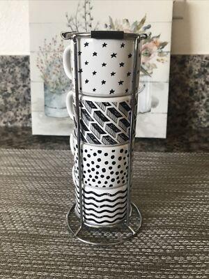 New 4 Piece 2.3 oz Stoneware Espresso Cup Set with Rack