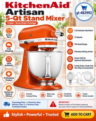 New KitchenAid Artisan, 5-Qt Tilt Head Stand Mixer, KSM150PS, Scorched Orange