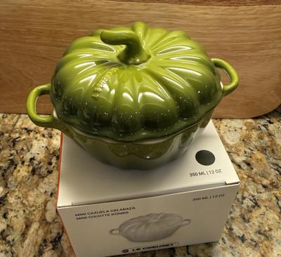 NEW RARE Le Creuset Pumpkin Mini Cocotte Olive Green Thanksgiving 12oz Fall Deco