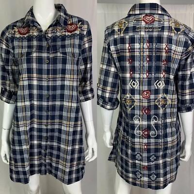 NWT $138 Kyla Seo Women’s Plaid Embroidered Button Up Shirt Dress Anthropologie