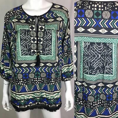 NWT $90 NWT Kyla Seo Boho Aztec Tassel Small Blue Tunic Top Shirt Anthropologie
