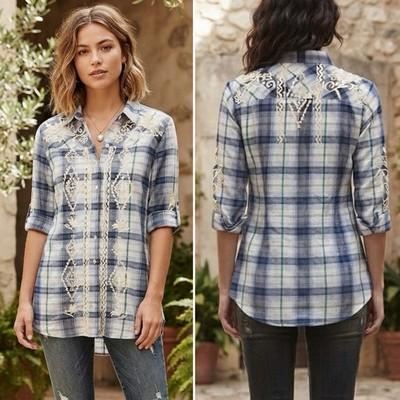 NWT Kyla Seo Blue Floral Embroidered Plaid Button Down Tunic Shirt Anthropologie