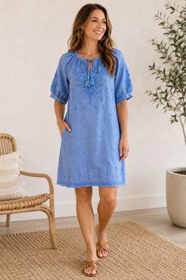 NWT Kyla Seo Caite Sz S 100% Linen Dress Tunic Blue Women Costal Beach Resort